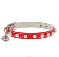Ошейник синтетик 10мм двойной прошитый с жемчугом и бубенчиком красный 30см/00210111-02