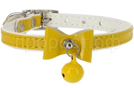 Ошейник синтетик 10мм двойной прошитый с бантом и бубенчиком желтый 30см/00210107-04