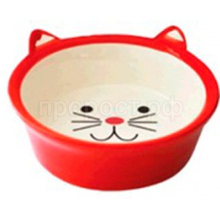 Миска керамика Мордочка кошки глубокая красная 13,8*13,8*5см 250мл
